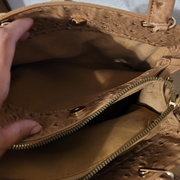 Ostrich Bow Faux Leather 3 Compartment Satchel - Camel - Picture 12 of 13